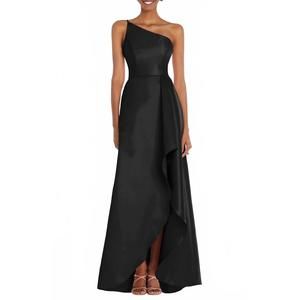 NEW ALFRED SUNG one shoulder satin gown in black
